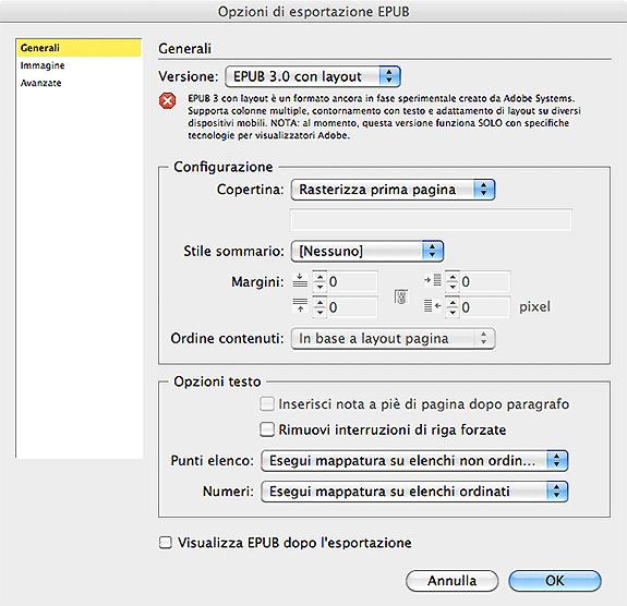 Esportare epub 3 con indesign cs6: esporta con layout